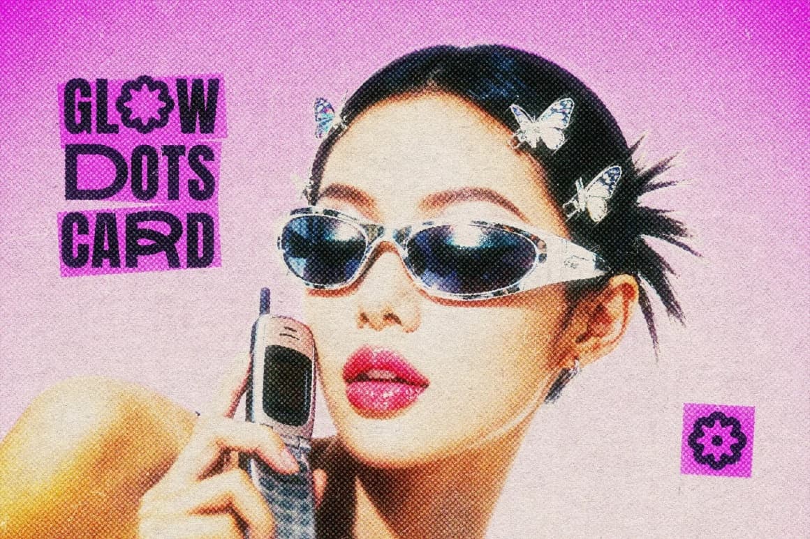 复古千禧Y2K风格朦胧梦幻半色调颗粒印刷打印噪点褶皱纸张纹理叠加PSD特效样机 Glow Dots Card Photo Effect（14987）