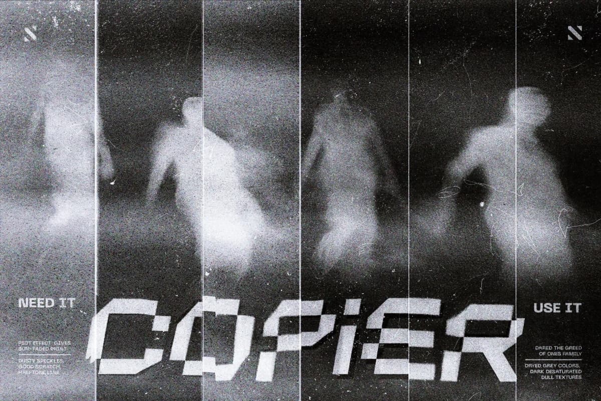 复古低保真档案感单色模糊颗粒灰尘划痕照片封面海报设计PSD特效样机 Bad Print Copier Effect（14988）