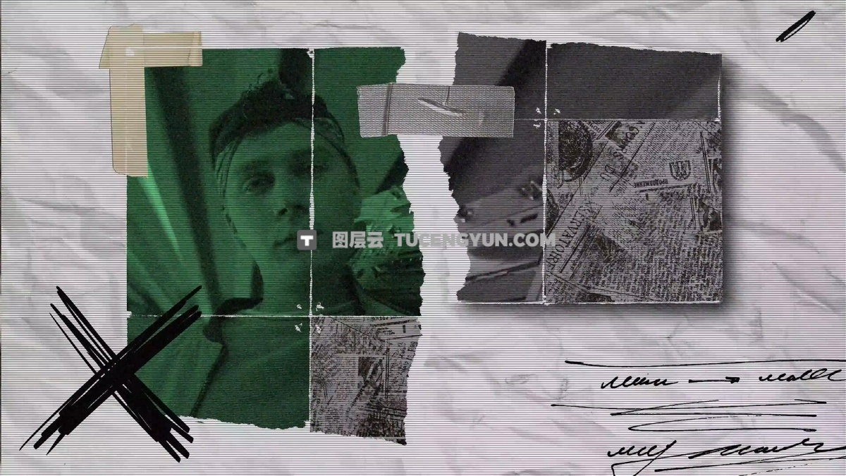 AE模板：拼贴艺术风格混合媒体镜头画面人物定格撕纸冻结帧效果模板（14994）图层云