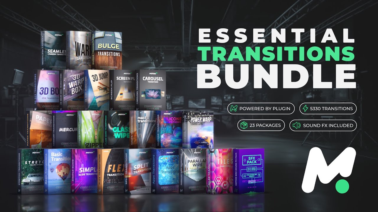 5000个摄像机缩放旋转几何方块、滑动、翻转、擦除、纸张、扭曲平移弹跳视频无缝转场预设+音效素材 Essential Motion Bro Transitions Bundle for After Effects（15031）