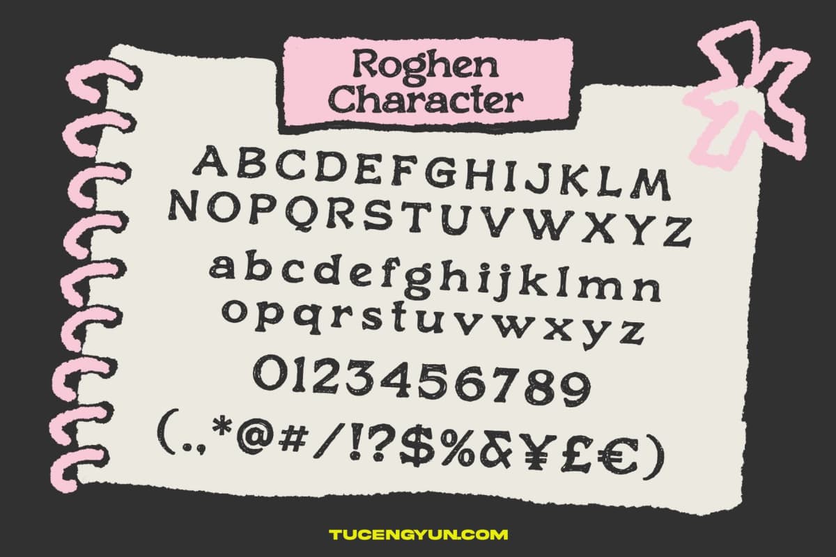 英文字体：大胆趣味粗糙质感复古印花技法手绘logo标题排版衬线封面海报设计字体 Roghen a Rough Serif Font（15042）图层云